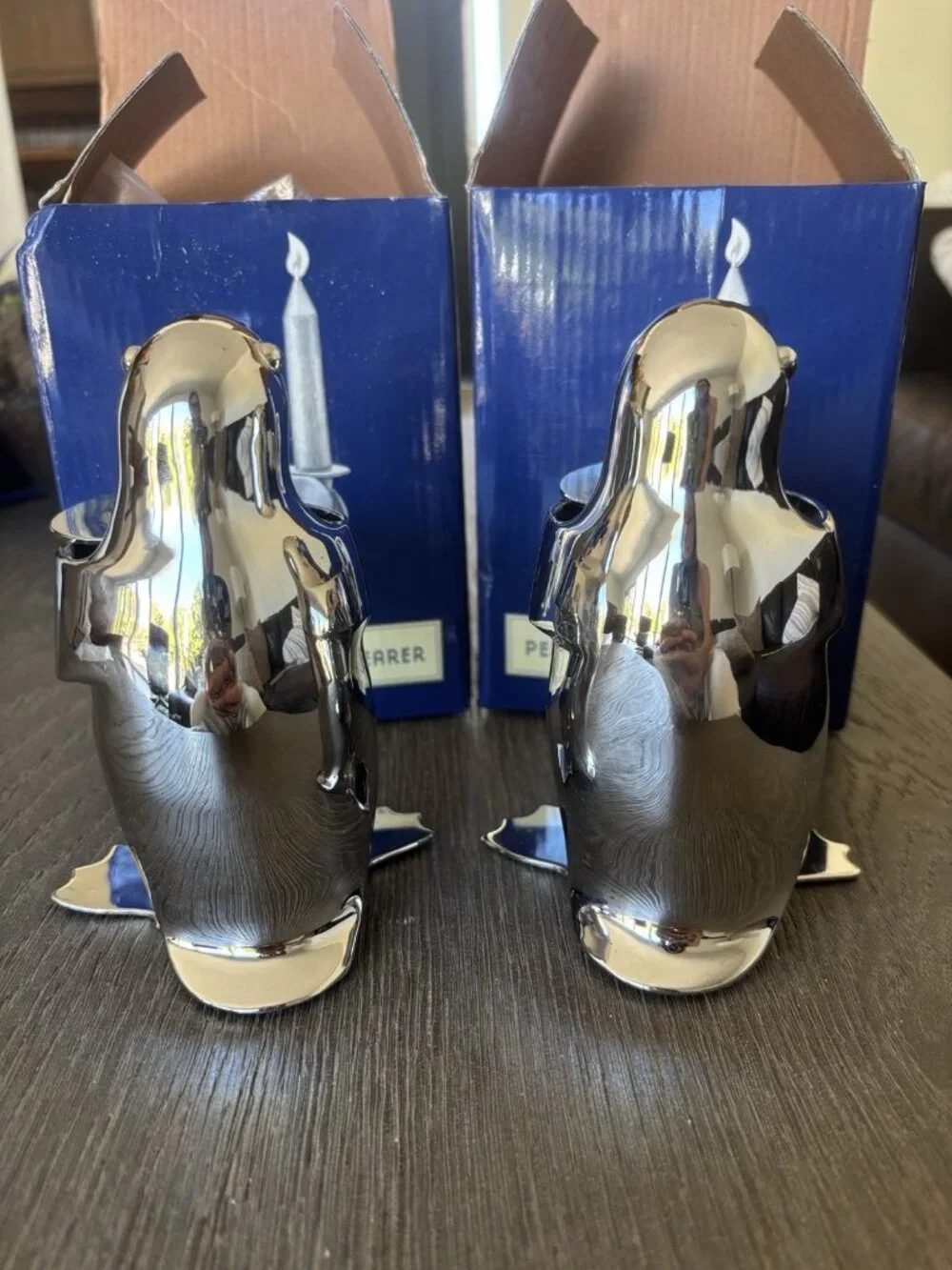 RESTORATION HARDWARE Silver Plate Penguins Candle Bearer Holder Brass Set Of 2
